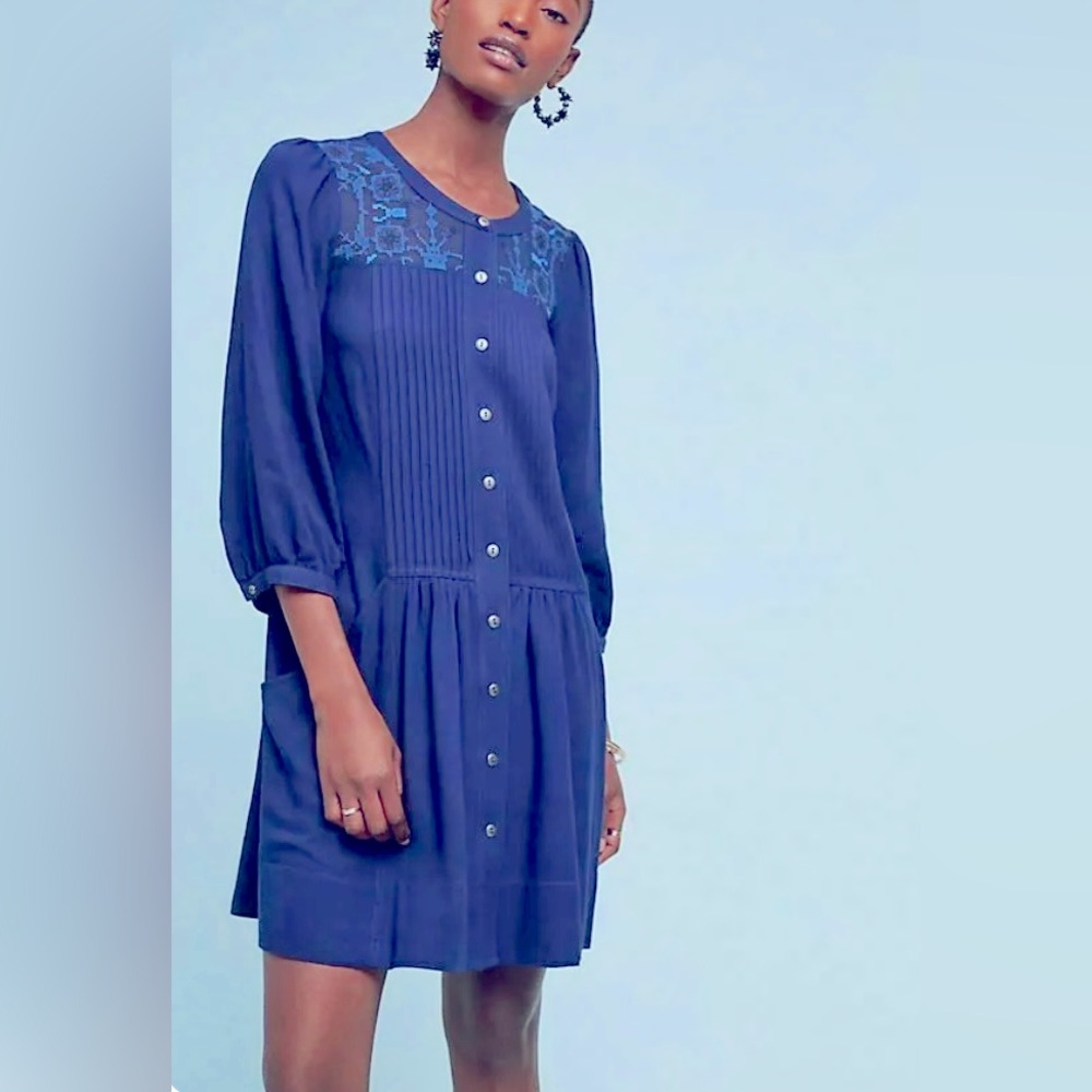 Anthropologie Dubois Blue Embroidered Tunic Shirt Dress - size US 0